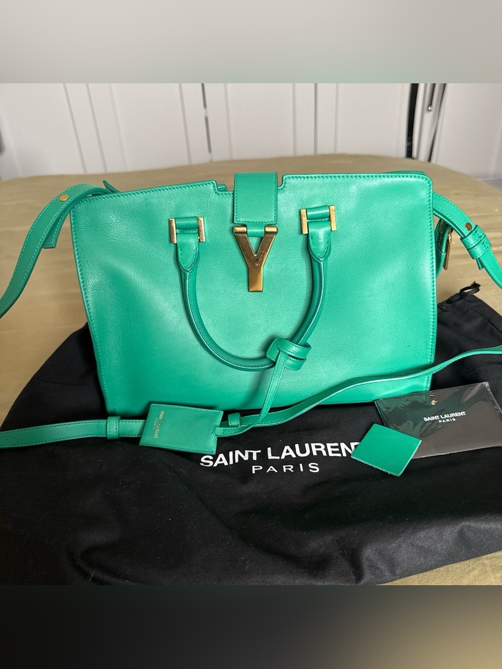 YSL Saint Laurent Ligne Y Turquoise Leather Cabas Bag